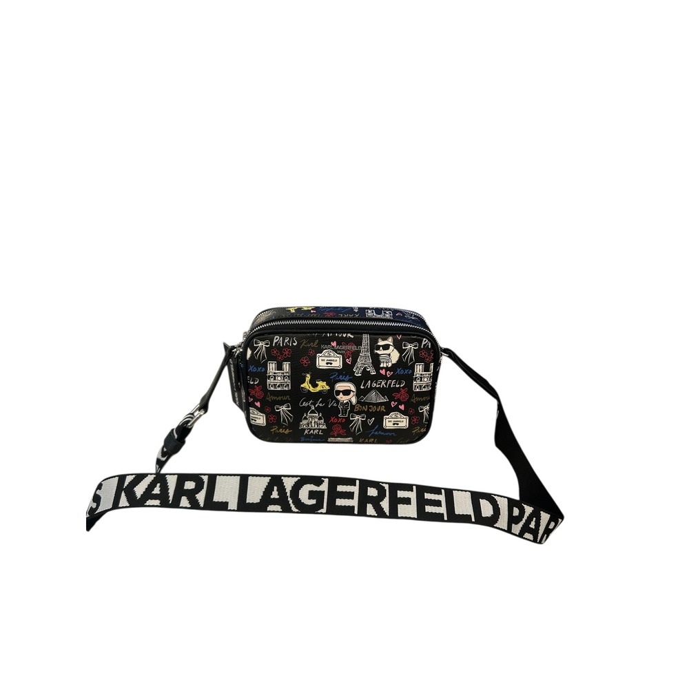 Karl‎ Lagerfeld Paris Black Multi Print Crossbody Camera Bag NEW with Tags